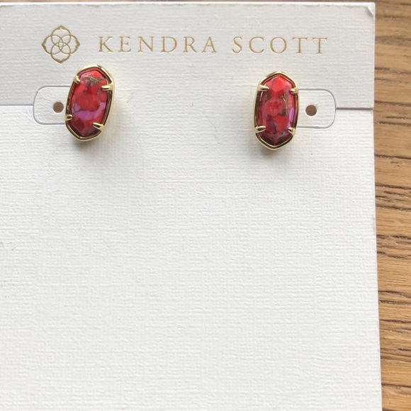 Kendra Scott Grayson Bronze Veined Red Fuchsia Magnesite Stud Earrings NWT - Picture 1 of 14